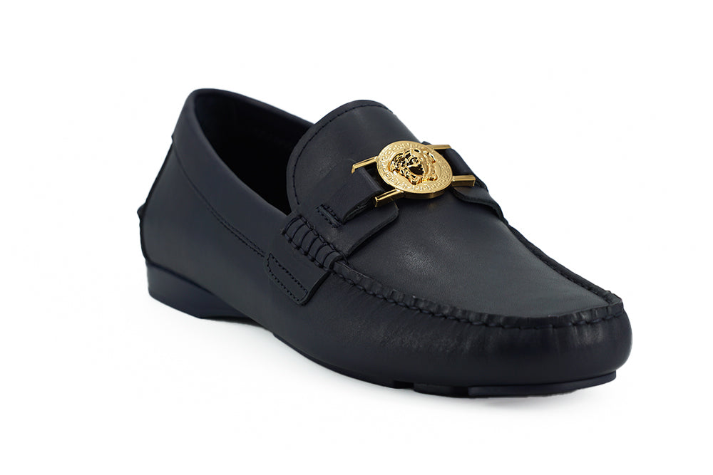 Versace Elegant Navy Blue Calf Leather Loafers - - - Versace