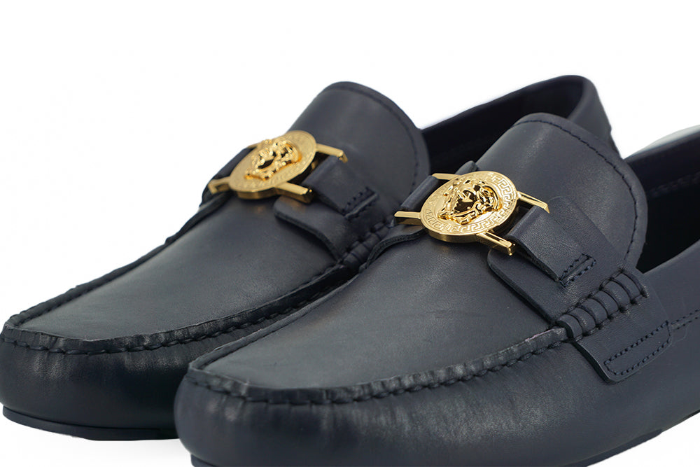 Versace Elegant Navy Blue Calf Leather Loafers - - - Versace