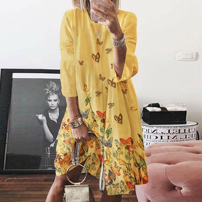 Sundress O-neck Printed Linen Dress - Yellow - Women's Linen - Carvan Mart