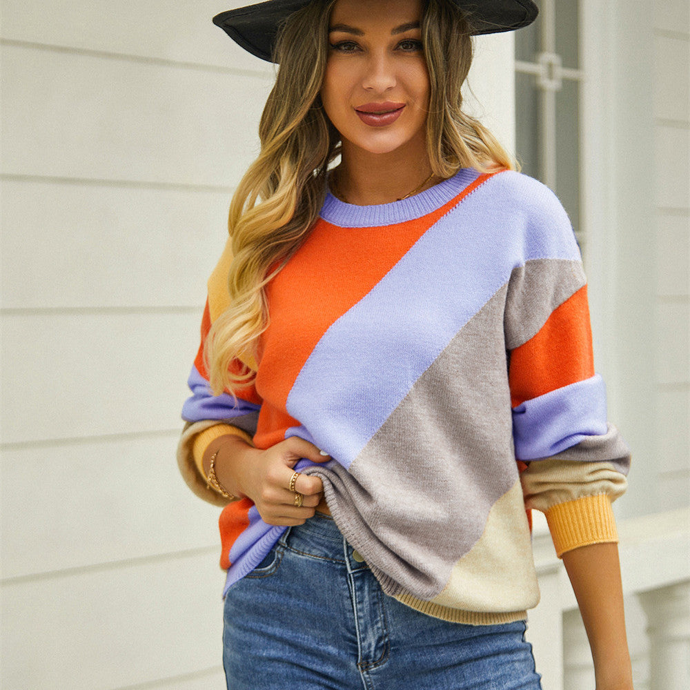 Women's Fashionable Simple Striped Patchwork Round Neck Sweater - Carvan Mart