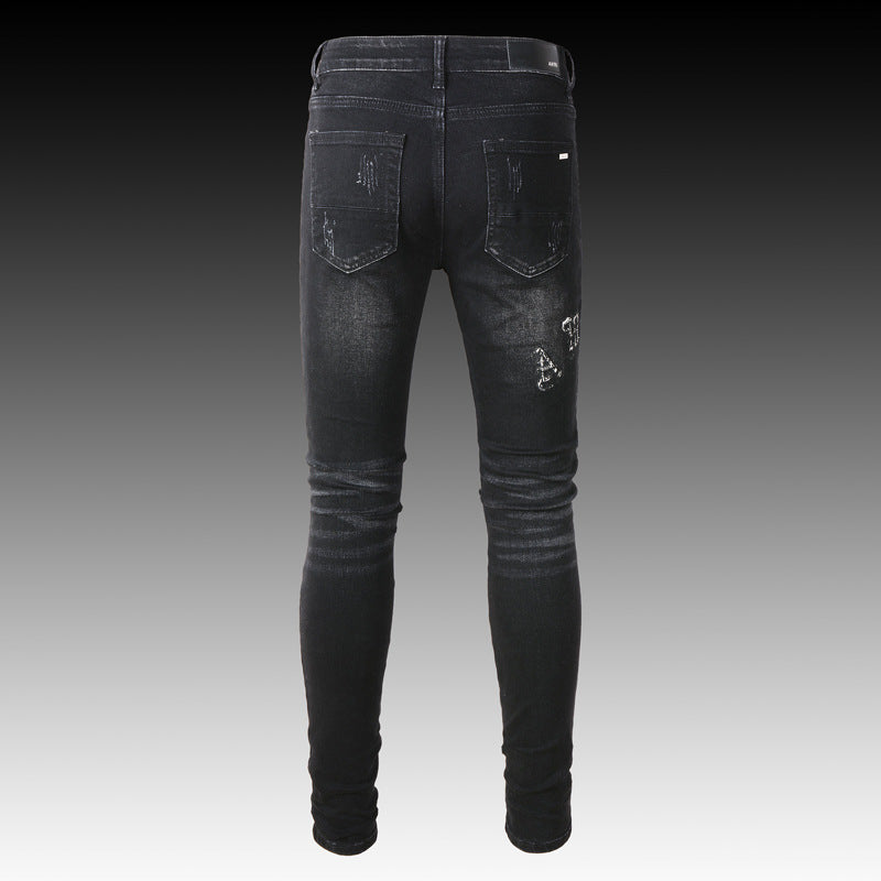 Men's Black Paisley Printed Patch Ripped Jeans - - Men's Jeans - Carvan Mart