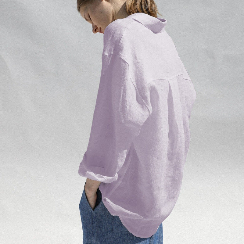 Pure Linen Shirt Turn-down Collar Coat Women - Light Purple - Women's Linen - Carvan Mart