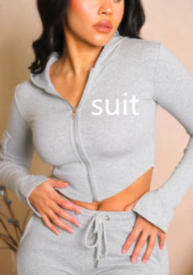 Women's Casual Tight Sportswear Multi-pocket Overalls With Coat And Cap Suit Pants - Gray - Active Attire - Carvan Mart