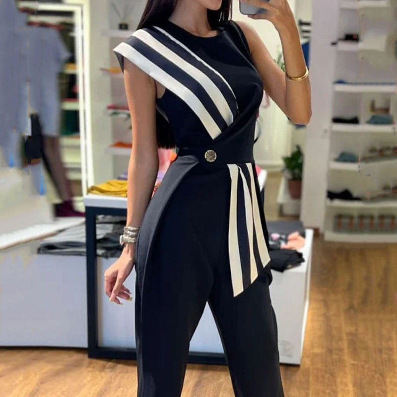 Women's Dress With Wrap Striped Print Button Waist Street Style Two Piece Suit - Carvan Mart