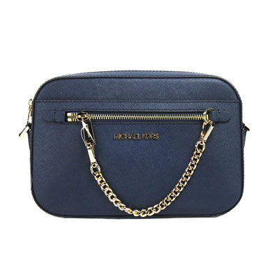 Michael Kors Jet Set Large East West Navy Leather Zip Chain Crossbody Bag Purse - - - Michael Kors