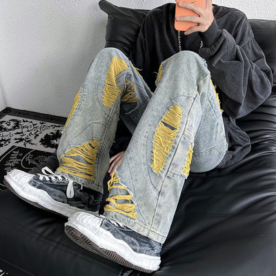 Green Ripped Jeans For Men Raw Embroidery - Yellow Line - Men's Jeans - Carvan Mart