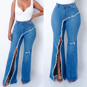 High Waist Ripped Flare Jeans for Women - Trendy Distressed Denim Pants - Blue - Women's Jeans - Carvan Mart