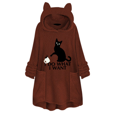 Hooded Pullover Cat Print Long Sleeved Reversible Velvet Sweater - Carvan Mart