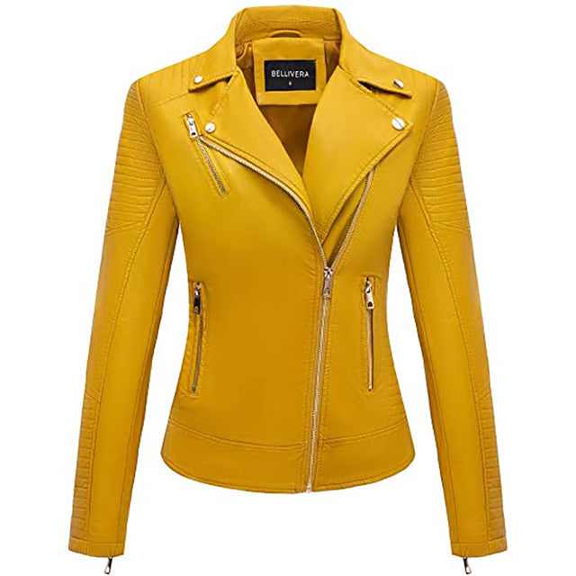 Gulshan Flowers Embroidery PU Leather Jacket Women - Yellow - Leather & Suede - Carvan Mart