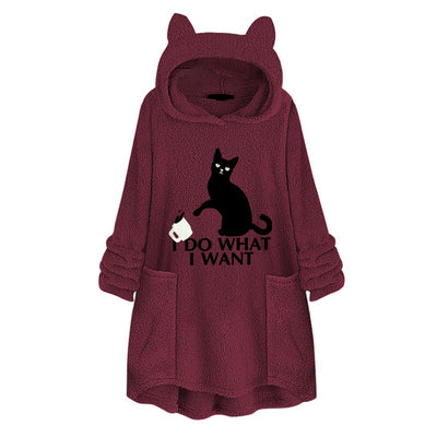 Hooded Pullover Cat Print Long Sleeved Reversible Velvet Sweater - Wine red - Women Hoodies & Sweatshirts - Carvan Mart