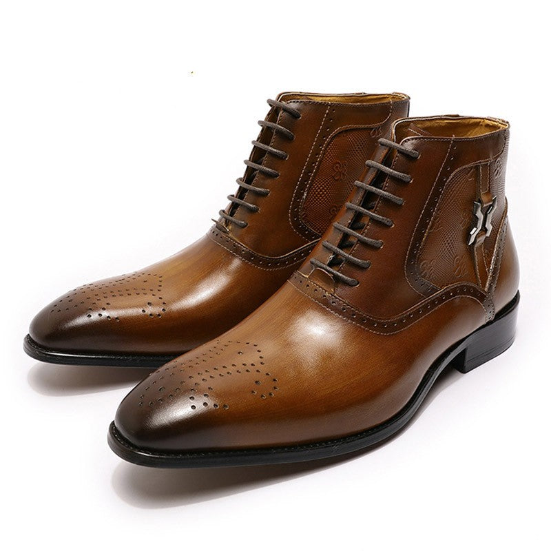 Men's Pointed Leather Boots Front Lace-up Boots - - Men's Boots - Carvan Mart