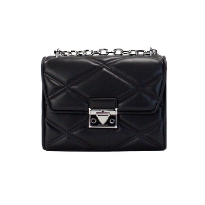 Michael Kors Serena Medium Black Diamond Quilted Faux Leather Flap Shoulder Bag - - - Michael Kors