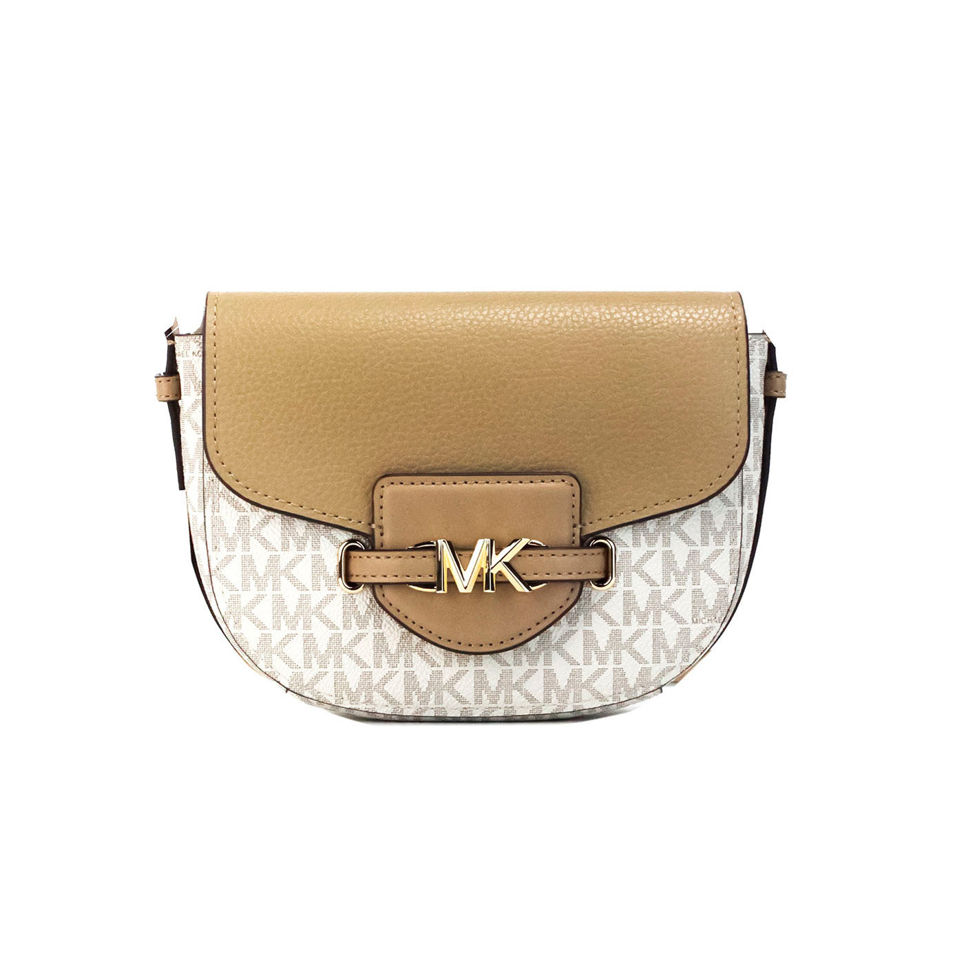 Michael Kors Reed Small Camel Signature PVC Flap Saddle Crossbody Bag - - - Michael Kors