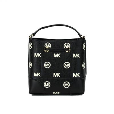 Michael Kors Mercer Small Black Embossed Drawstring Bucket Messenger Bag Purse - - - Michael Kors