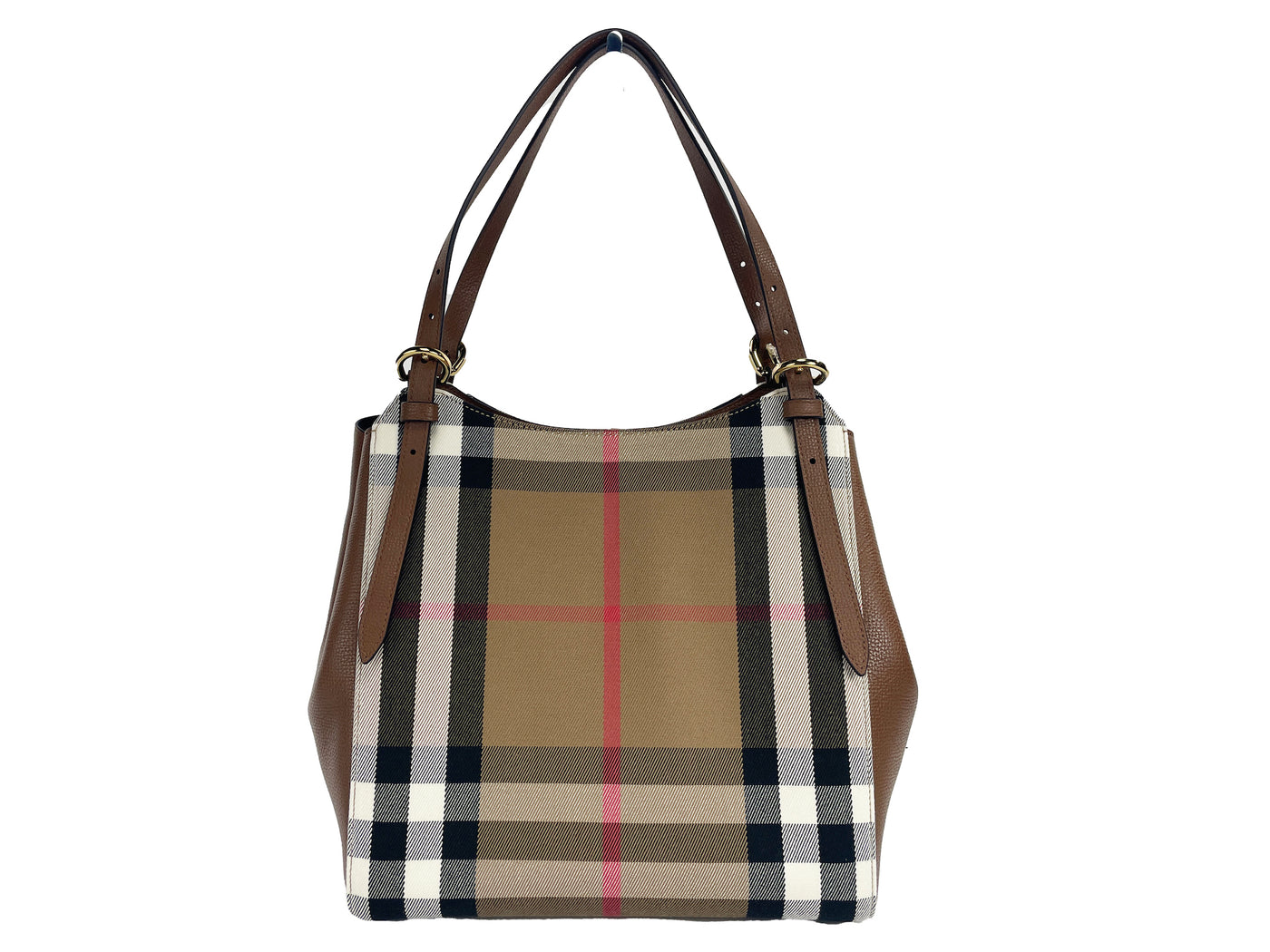 Burberry Small Canterby Tan Leather Check Canvas Tote Bag Purse - - - Burberry