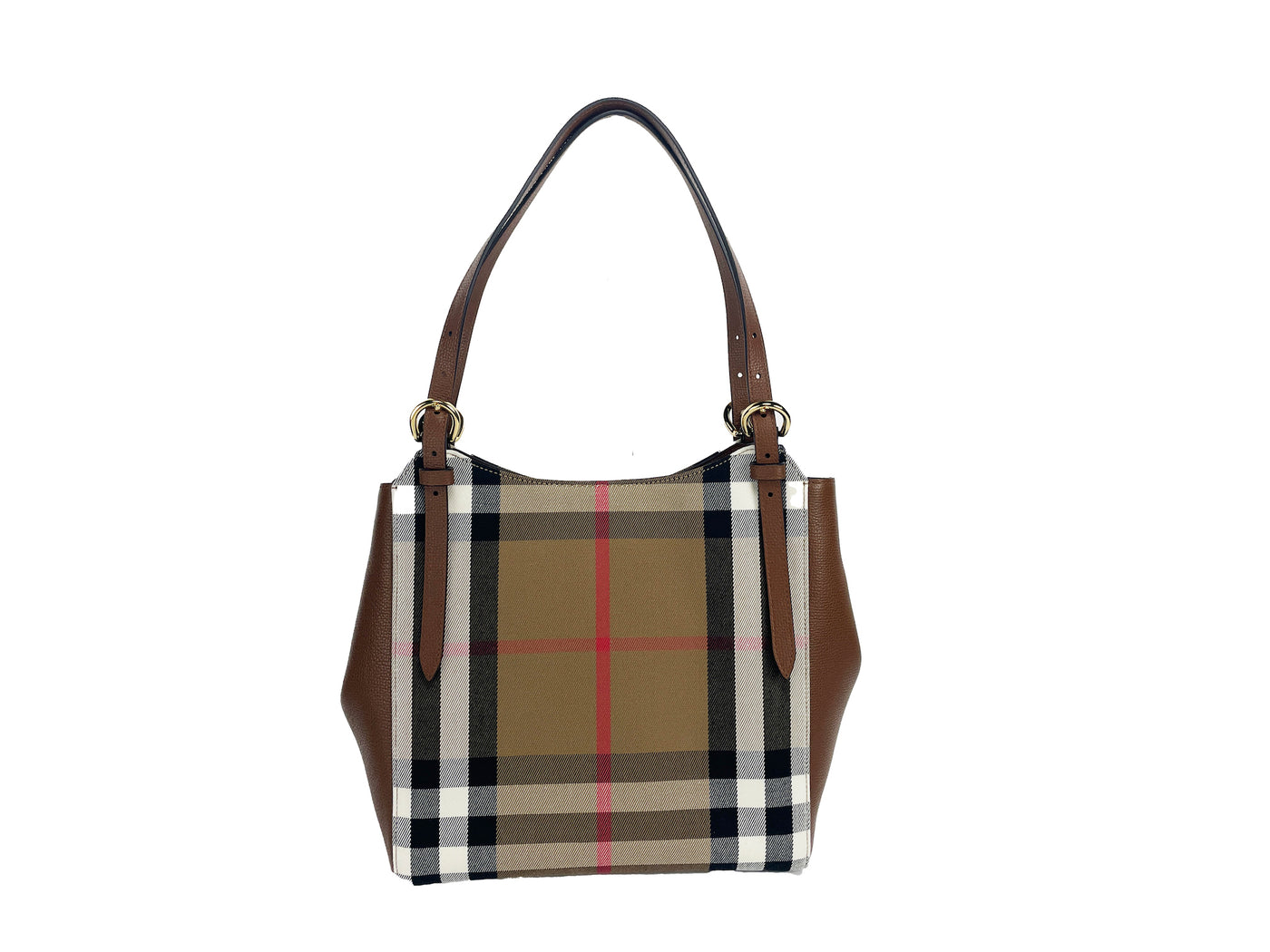 Burberry Small Canterby Tan Leather Check Canvas Tote Bag Purse - - - Burberry