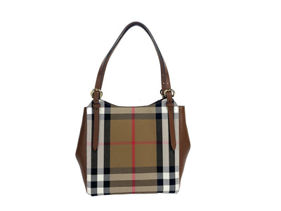 Burberry Small Canterby Tan Leather Check Canvas Tote Bag Purse - - - Burberry