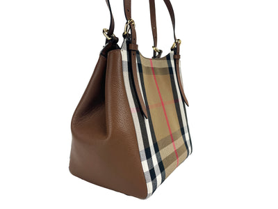 Burberry Small Canterby Tan Leather Check Canvas Tote Bag Purse - - - Burberry