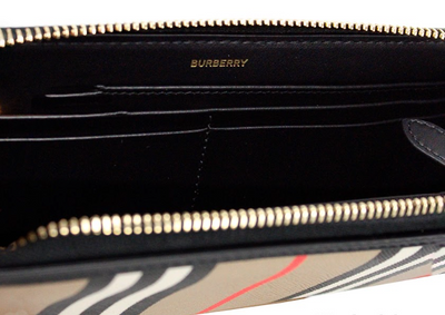 Burberry Ellerby Black Leather Icon Stripe Canvas Zip Around Continental Wallet - - - Burberry