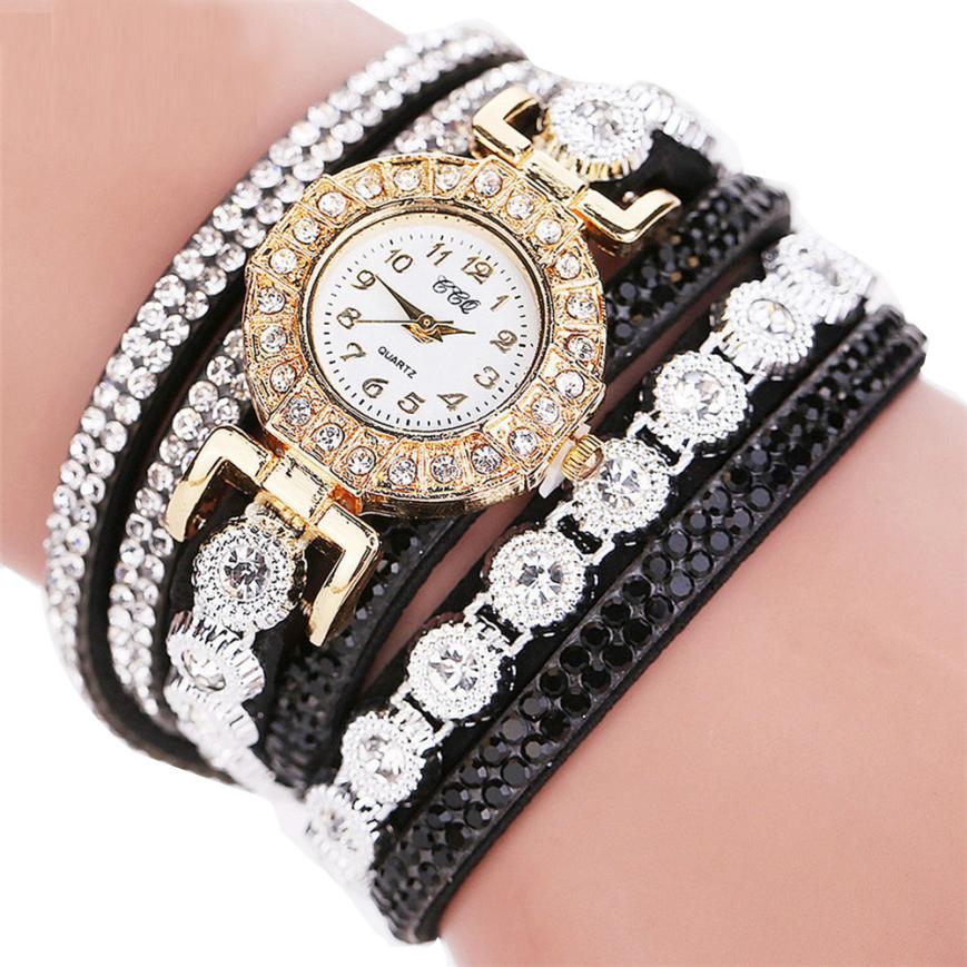 Relogio masculino Women Quartz Women PU Leather Rhinestone Watch Bracelet Watches - Black - Women's Watches - Carvan Mart