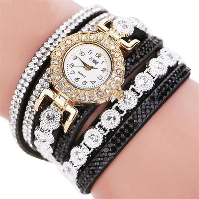 Relogio masculino Women Quartz Women PU Leather Rhinestone Watch Bracelet Watches - Black - Women's Watches - Carvan Mart