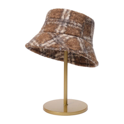 Cashmere Loop Tie Dyed Plaid Face Small Warm Woolen Basin Hat - Camel color M - Women's Hats & Caps - Carvan Mart