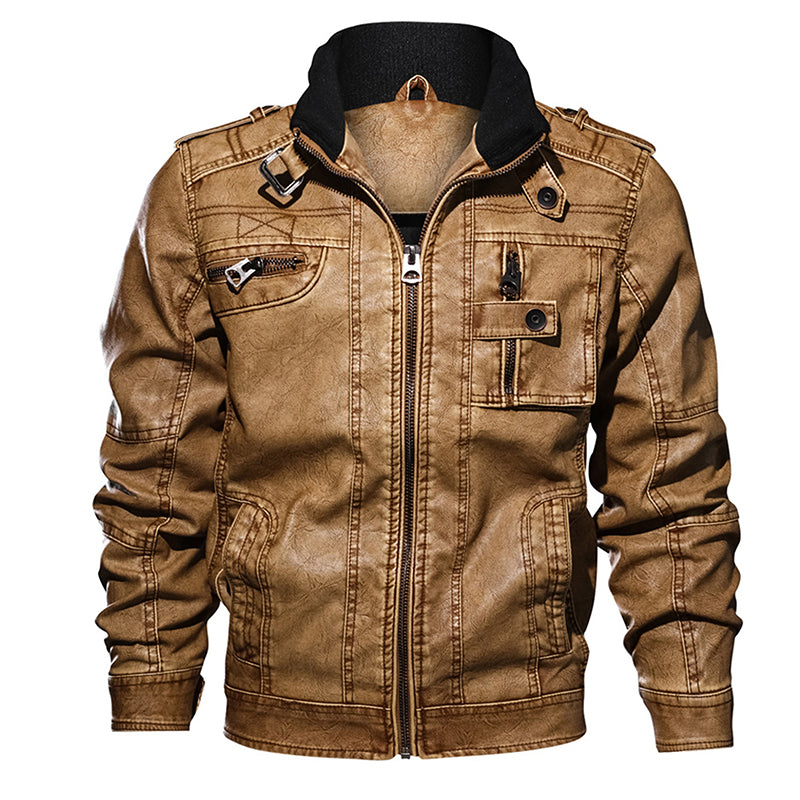 Men PU Leather Jacket Casual Thick Motorcycle Winter Windproof Coat - Khaki - Genuine Leather - Carvan Mart