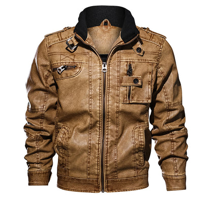 Men PU Leather Jacket Casual Thick Motorcycle Winter Windproof Coat - Carvan Mart