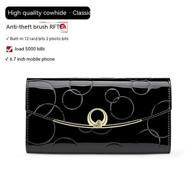 Women's Real Leather Long Large Capacity Wallet Clutch Bag - Black Patent Leather - Women's Wallet - Carvan Mart