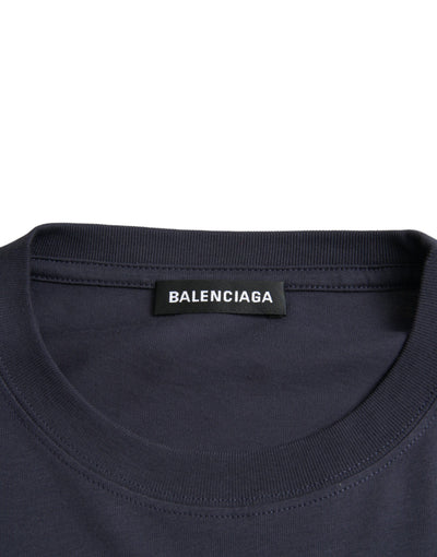 Balenciaga Dark Blue Cotton Logo Crew Neck Short Sleeves T-shirt - - - Balenciaga