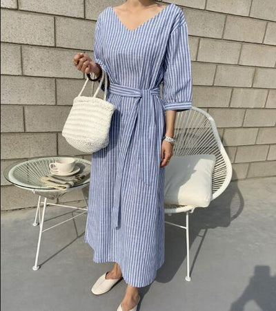 Maxi Dress Striped Cotton Linen Women Clothes - Carvan Mart