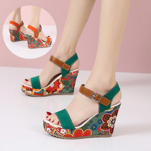 High Wedge Sandals For Women Flowers Embroidered Summer Toe Platform Buckle Shoes - Carvan Mart