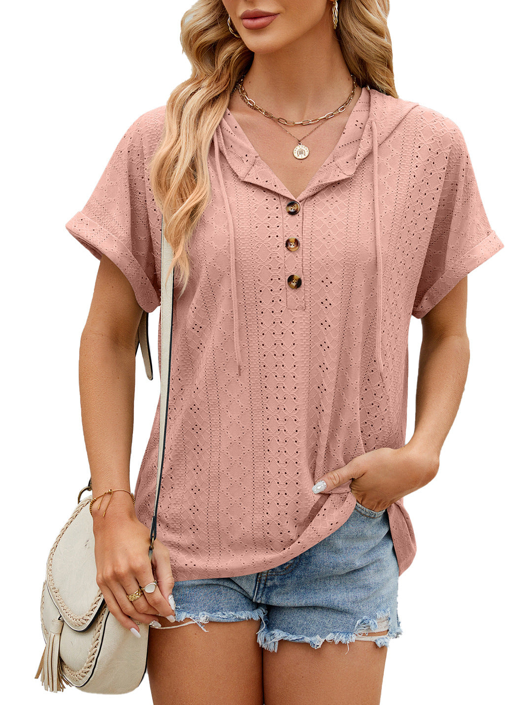 Women's T-shirt Loose Hollow Design Short-sleeve Top - Leather Pink - Blouses & Shirts - Carvan Mart