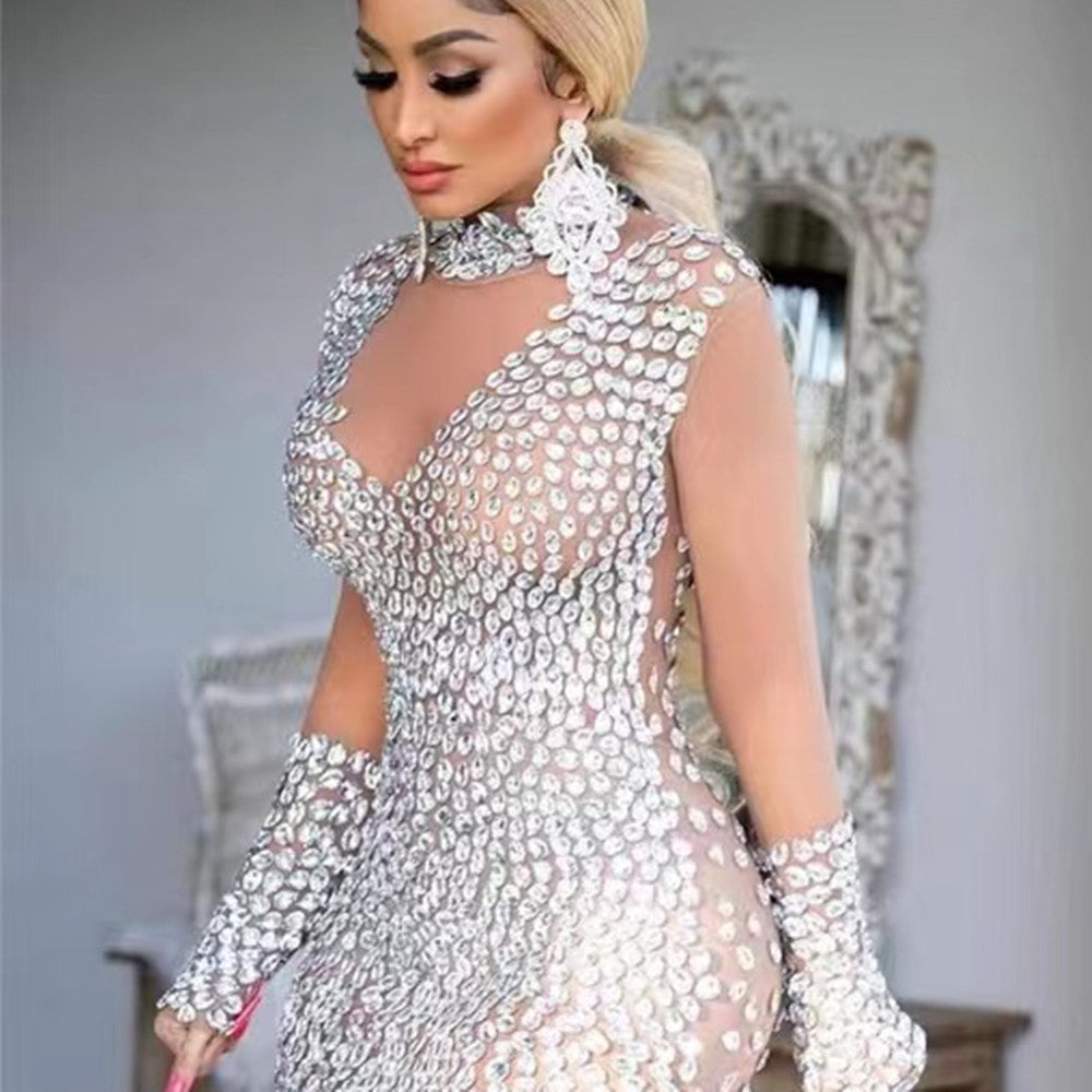 Sexy Sequin Cocktail Party Dress - Long Sleeve Round Neck Midi Dress - Champagne - Cocktail Dresses - Carvan Mart