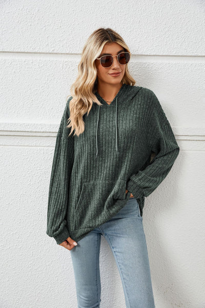 Knitted Sweater With Hooded Pit Stripe Kangaroo Pocket Sweater - Dark green - Women Hoodies & Sweatshirts - Carvan Mart