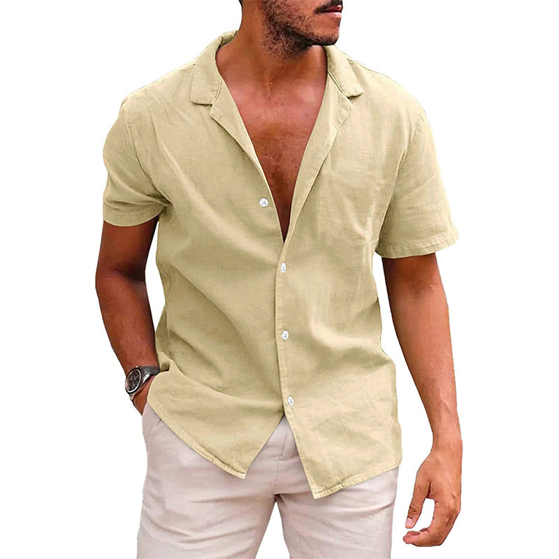 Men's Tops Casual Button Down Shirt Short Sleeve Beach Shirt Summer - Khaki - Men's Shirts - Carvan Mart