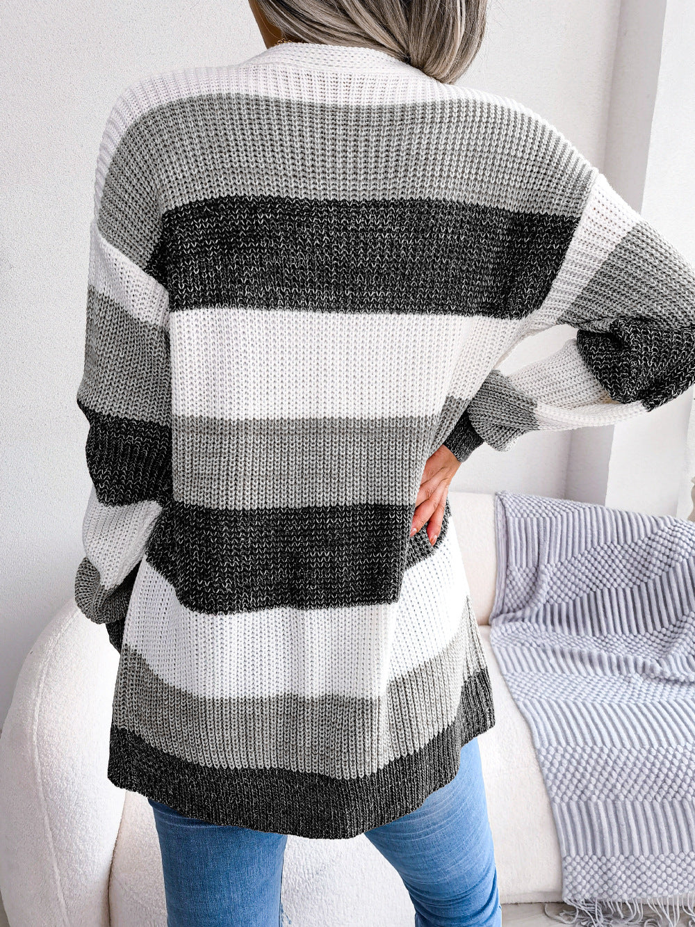 Women's Plaid Sweater Casual Lantern Sleeves Cardigan Jacket - Carvan Mart