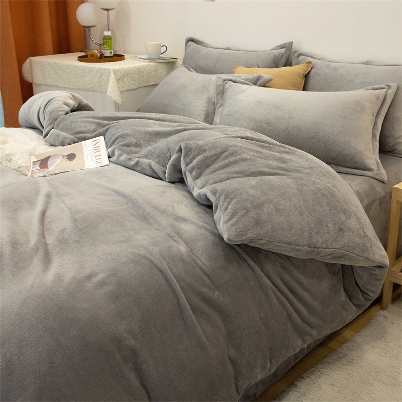 Four-piece Plush Double-sided Fleece Warm Yellow Duvet Cover - Light Grey - Bedding Sets - Carvan Mart