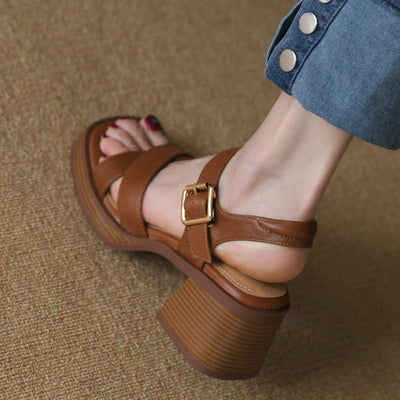 Cross Strap Sandals Women's Mid Heel Summer Platform Open Toe Chunky Heel Roman Shoes - Carvan Mart