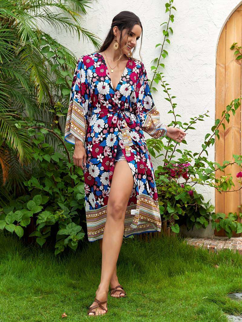 Bohemian Beach Dress Cover Up For Beach Floral Print Kimono Women Dress - Carvan Mart