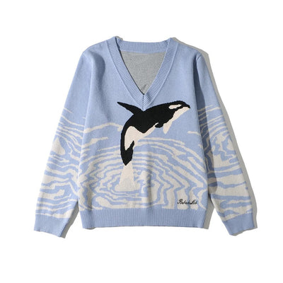 Women's Dolphin Printing Long Sleeve Loose Sweater - Carvan Mart