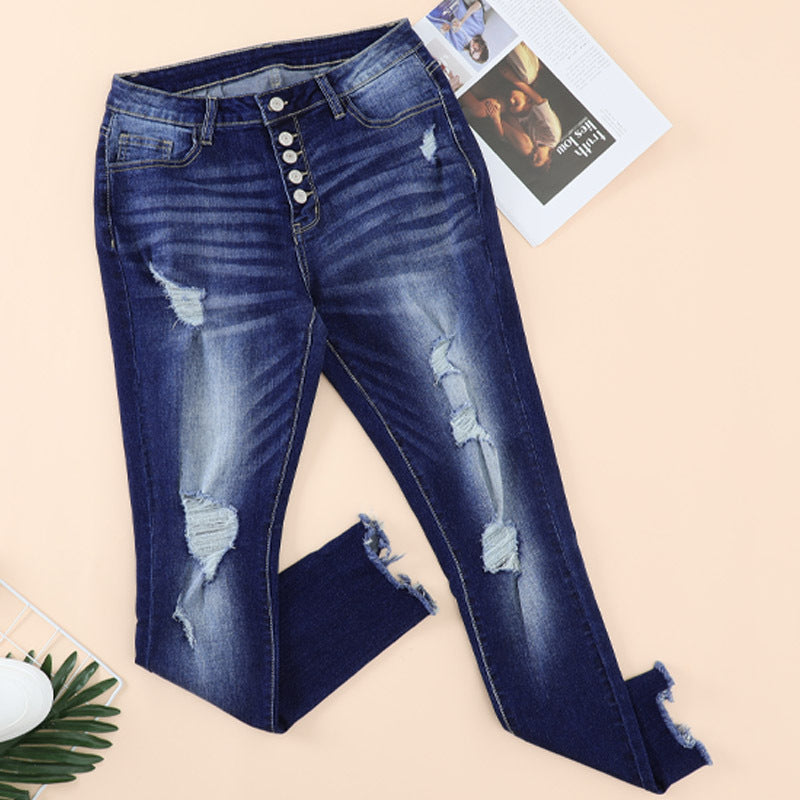 High Rise Cropped Denim Jeans for Women - Hand Worn Street Style Pencil Pants - - Women's Jeans - Carvan Mart