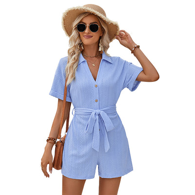 Women's Lily Tie Waist Short Sleeve Jumpsuit Turn-down Collar Dress - Carvan Mart