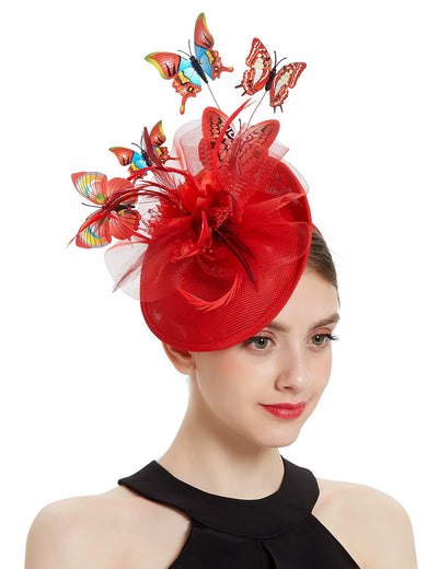 Tea Party Hat Three-dimensional Colorful Butterfly Charm Fascinator Hat - Red - Women's Hats & Caps - Carvan Mart