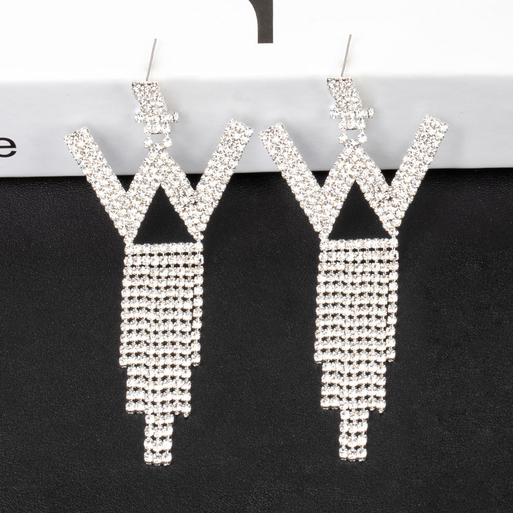 Fashion Jewelry 925 Silver Needle Ornaments Rhinestone Letter B Earrings Banquet Tassel Ear Ornaments Earrings - Silver W - Earrings - Carvan Mart