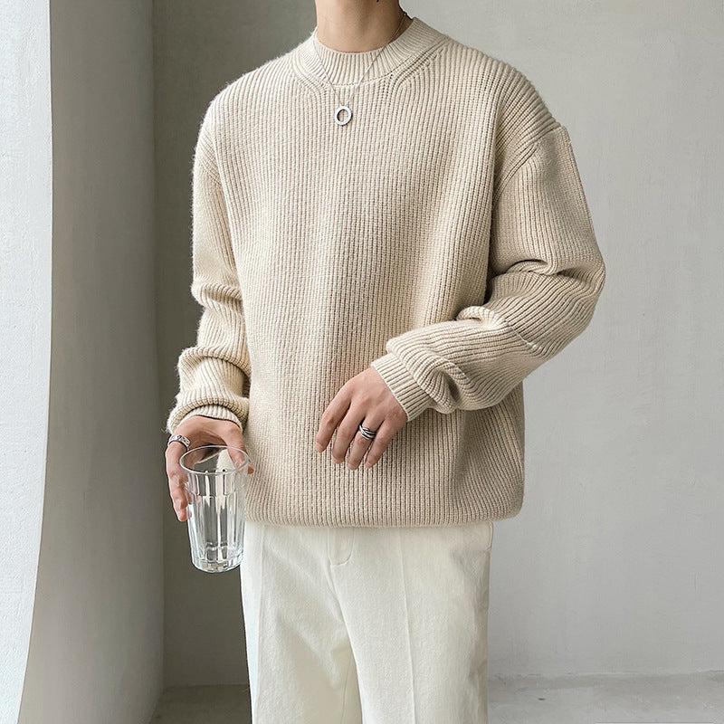 Drop Shoulder Loose Thick Needle Sunken Stripe Thick Sweater - Light Gray Apricot - Men's Sweaters - Carvan Mart