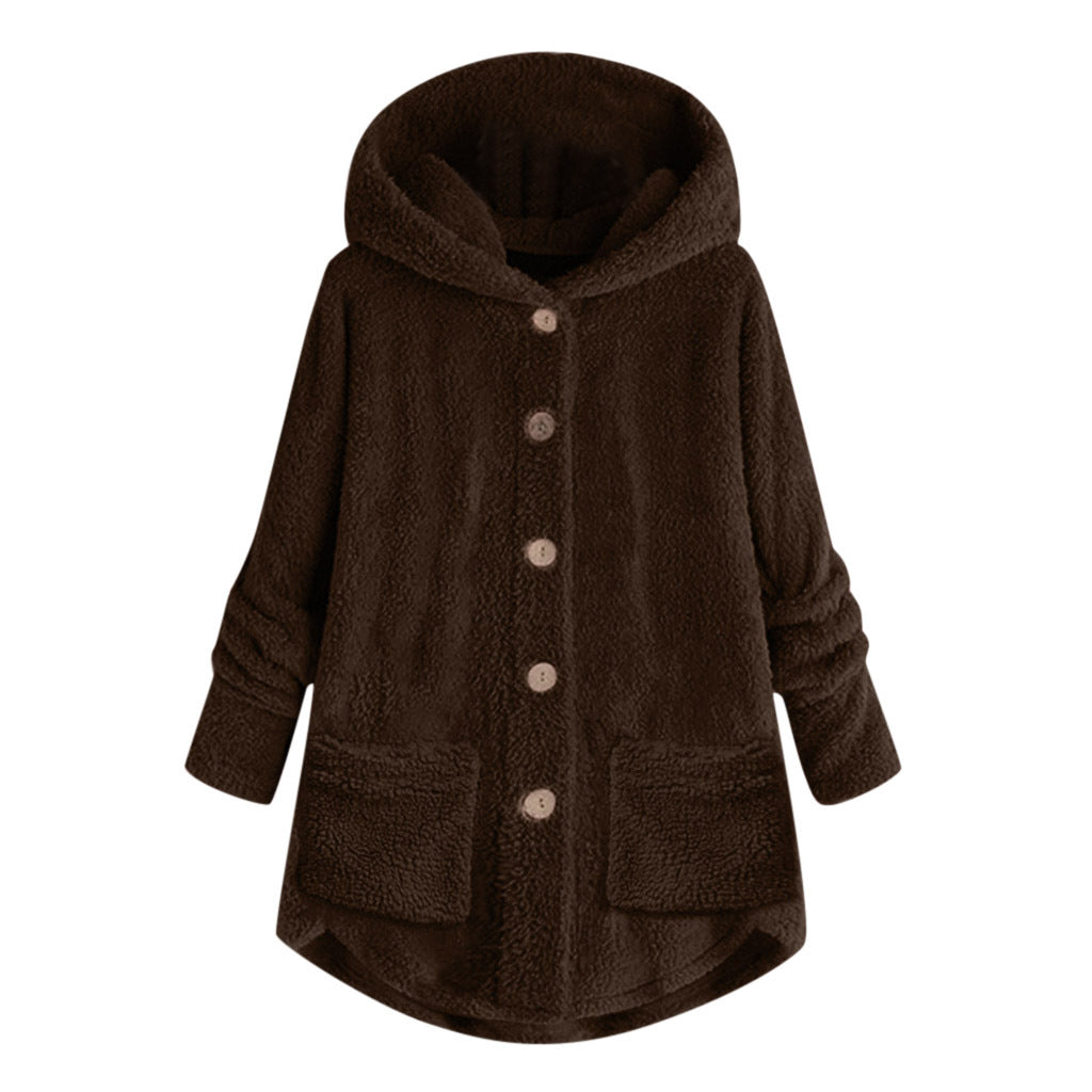 Hooded Plush Women's Cardigan Irregular Fleece Winter Top - Carvan Mart