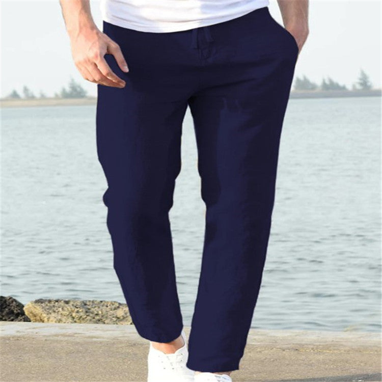 Men's Linen Summer Casual Pants - Comfortable Drawstring Trousers - Navy Blue - Men's Pants - Carvan Mart