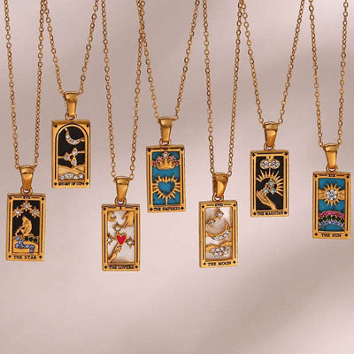 Fashion Tarot Necklace With Rhinestones Diamond Set Pendant Rectangular Drip Necklace Jewelry - - Necklaces - Carvan Mart