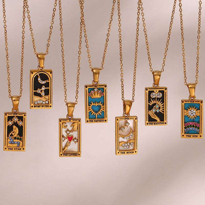 Fashion Tarot Necklace With Rhinestones Diamond Set Pendant Rectangular Drip Necklace Jewelry - Carvan Mart